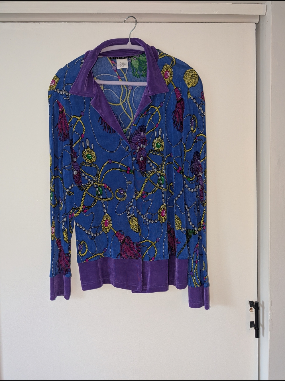 Citiknits Vintage Knit Blazer In Blue Jewel Tassel Print with Purple Trim